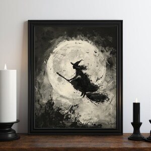 Dark Academia Flying Witch Painting, Dark Wall Art, Moody Decor, Halloween Art, Vintage Decor, Gothic Art, Witchy Print, Full Moon Decor