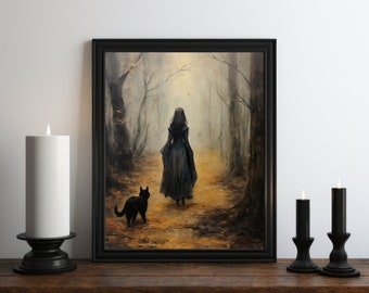 Witch and Cat Oil Painting Wall Art Print, Halloween Wall Art, Halloween Print, Vintage Halloween Art, Witchy Print, Victorian Decor