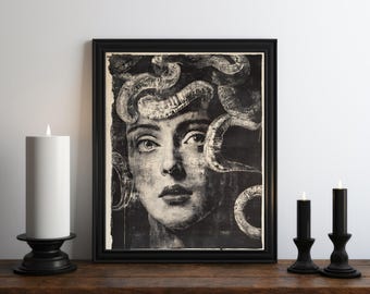 Impression de peinture portrait de méduse, peinture sombre sorcière du milieu universitaire, art mural méduse, art de la mythologie grecque, art d'Halloween, art gothique, impression de sorcière