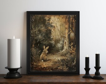 Dark Academia Victorian Rabbit Oil Painting Wall Art Print, Easter Wall Art, Gothic Wall Art, Vintage Halloween Art, Witchy Print, Tea Art