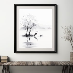 Watercolor Crane Wall Art Print, Sumi E Style, Kyoto Decor, Asian Design, Natural Landscape, Zen Painting, Edo Art, Japanese Art, Sakura Art