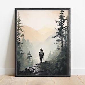 Minimalist Hiking Painting Wall Art Print, Nature Art, Forest Print, Gift for Hiker, Adventure Decor, Mountains Art, Sunset Print, Geometric
