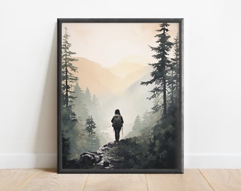 Minimalist Hiking Painting Wall Art Print, Nature Art, Forest Print, Gift for Hiker, Adventure Decor, Mountains Art, Sunset Print, Geometric