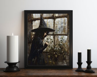 Dark Academia Nature Witch Painting, Dark Wall Art, Moody Decor, Halloween Art, Vintage Decor, Gothic Art, Witchy Print, Cottagecore Art