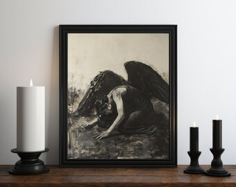 Fallen Angel Oil Painting, Dark Academia Decor, Dark Wall Art, Moody Decor, Halloween Art, Vintage Decor, Gothic Art, Witchy Print