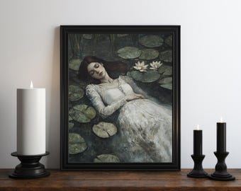 Dark Academia Witch of the Lake Oil Painting, Dark Wall Art, Moody Decor, Halloween Art, Vintage Decor, Gothic Art, Witchy Print, Somber Art