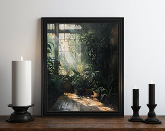 Dark Academia Nature Oil Painting Wall Art Print, Moody Plants, Moody Print, Witch Room Decor, Vintage Botanical Aesthetic, Greenhouse Art