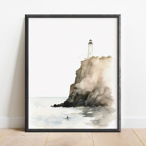 Minimalist Watercolor Lighthouse Wall Art Print, Beach Decor, Coastal Art, Nautical Decor, Summer Art, Office Decor, Ocean Painting