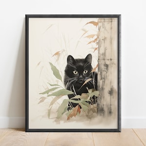Watercolor Black Cat Wall Art Print, Cat Art, Summer Decor, Garden Art, Office Decor, Gift for Cat Lover, Nursery Art, Vintage Art