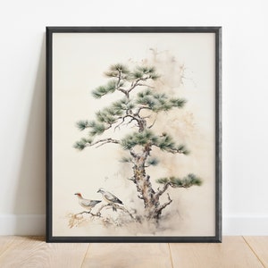Watercolor Japanese Pine Tree, Japanese Bird Art, Japanese Wall Art, Oriental Art, Woodblock Print, Edo Art, Feng Shui Decor, Zen Wall Art