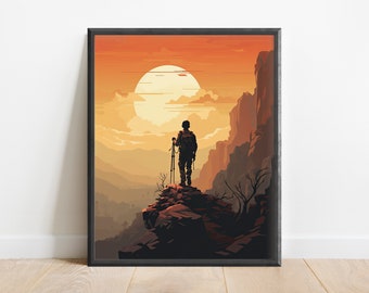 Minimalist Hiking Painting Wall Art Print, Nature Art, Forest Print, Gift for Hiker, Adventure Decor, Mountains Art, Sunset Print, Geometric