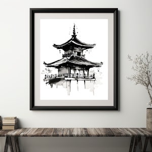 Watercolor Pagoda Wall Art Print, Sumi E Style, Kyoto Decor, Asian Design, Buddhist Art, Zen Painting, Edo Art, Japanese Art, Oriental Decor
