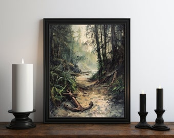 Academia Nature Oil Painting Wall Art Print, Forest Decor, Moody Print, Witch Room Decor, Vintage Botanical Aesthetic, Cottagecore Wall Art
