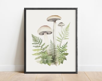 Minimalist Watercolor Mushrooms Branch Wall Art Print, Nature Art, Plant Painting, Office Decor, Botanical Art Print, Fern Art, Cottagecore