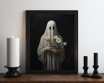Dark Academia Ghost Flowers Oil Painting, Dark Wall Art, Moody Decor, Halloween Art, Vintage Decor, Gothic Art, Witchy Print, Ghost Art