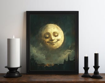 Halloween Moon Oil Painting Print, Dark Academia Decor, Dark Wall Art, Halloween Art, Vintage Moon Decor, Gothic Art, Witchy Print, Spooky