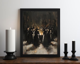 Dark Academia Witch Coven Oil Painting, Dark Wall Art, Moody Decor, Halloween Art, Vintage Decor, Gothic Wall Art, Witchy Print, Victorian
