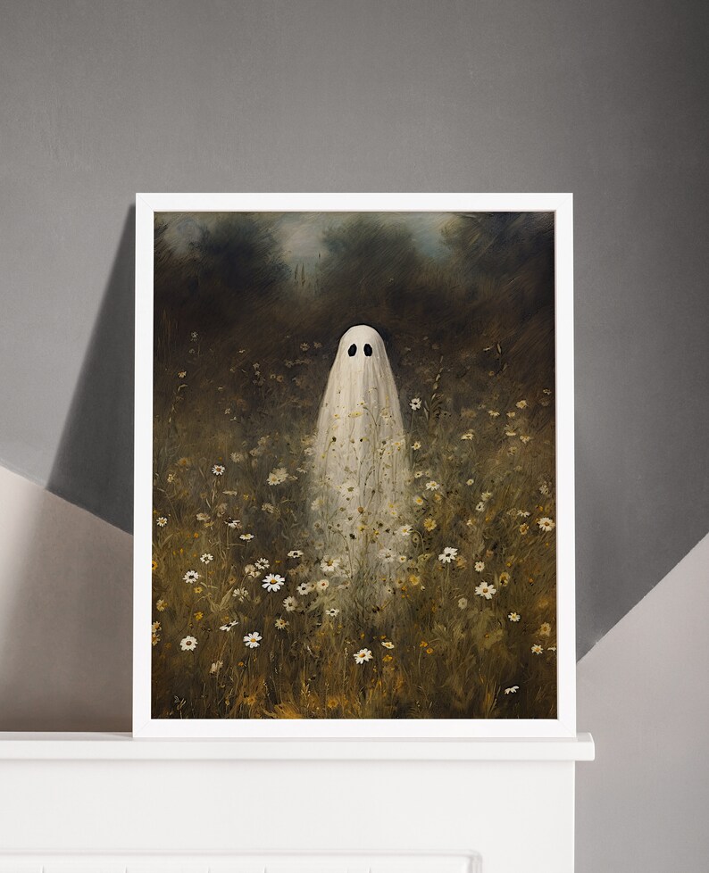 Dark Academia Ghost Flower Field Oil Painting, Dark Wall Art, Moody ...