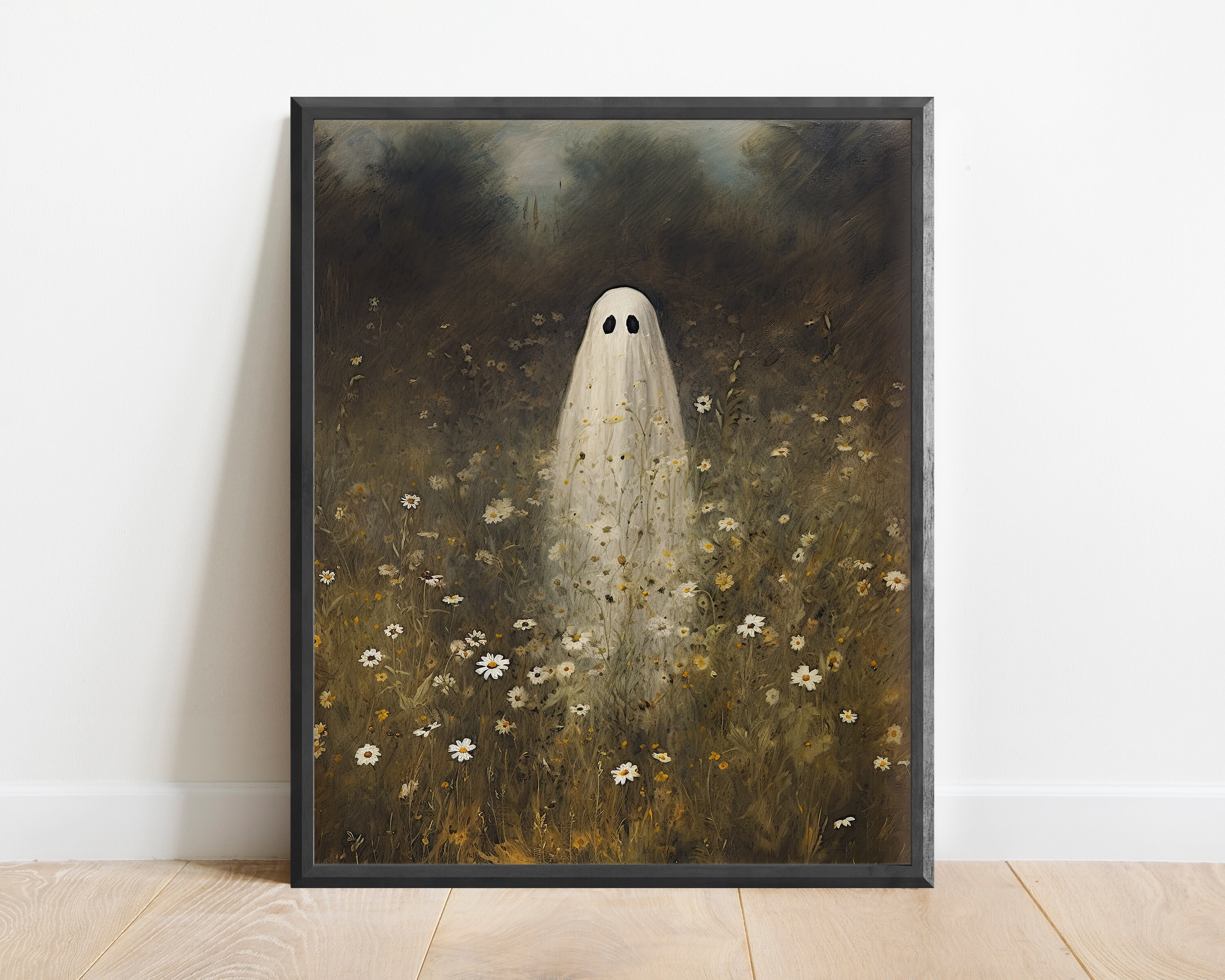 Dark Academia Ghost Flower Field Oil Painting, Dark Wall Art, Moody ...