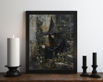 Dark Academia Nature Witch Painting, Dark Wall Art, Moody Decor, Halloween Art, Vintage Decor, Gothic Art, Witchy Print, Cottagecore Art