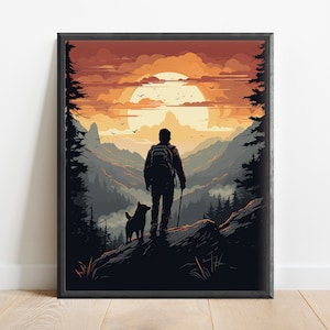 Minimalist Hiking Painting Wall Art Print, Nature Art, Forest Print, Gift for Hiker, Adventure Decor, Mountains Art, Sunset Print, Geometric