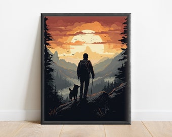 Minimalist Hiking Painting Wall Art Print, Nature Art, Forest Print, Gift for Hiker, Adventure Decor, Mountains Art, Sunset Print, Geometric