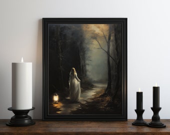 Dark Academia Nature Witch Painting, Dark Wall Art, Moody Decor, Halloween Art, Vintage Decor, Gothic Art, Witchy Print, Cottagecore Art