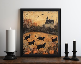 Peut inclure: Une impression encadrée sur le thème d'Halloween avec des silhouettes de chats noirs courant à travers un champ avec des citrouilles, une maison et des chauves-souris. L'œuvre d'art a un style vintage et rustique avec un cadre noir.