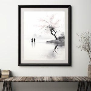 Watercolor Japanese Geisha Wall Art Print, Sumi E Style, Kyoto Decor, Asian Design, Sakura Tree, Zen Painting, Edo Art, Oriental Decor