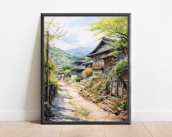 Watercolor Japanese Countryside Wall Art Print, Oriental Art, Cozy Aesthetic, Sakura Tree, Studio Ghibli Art, Buddhist Art, Edo Art, Rainy