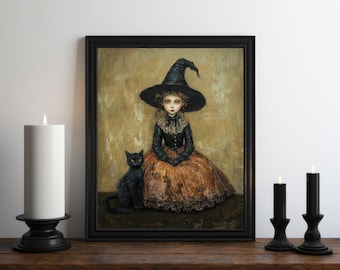 Witch and Cat Oil Painting Wall Art Print, Halloween Wall Art, Halloween Print, Vintage Halloween Art, Witchy Print, Dark Academia Art