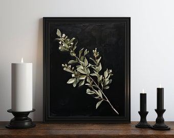 Dark Academia Sage Branch Oil Painting, Dark Wall Art, Moody Decor, Halloween Art, Vintage Decor, Gothic Art, Witchy Print, Dark Botanical