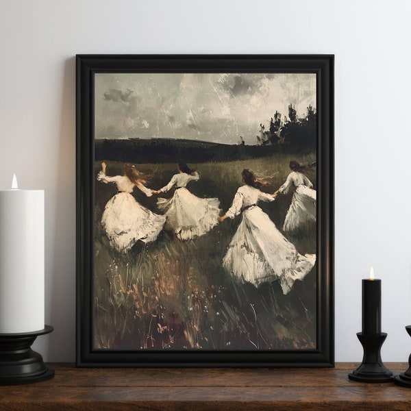 Dark Academia Witch Coven Oil Painting, Dark Wall Art, Moody Decor, Halloween Art, Vintage Decor, Gothic Wall Art, Witchy Print, Somber Art