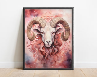 Impression d'art murale aquarelle zodiaque Bélier, art astrologie, art du zodiaque, déco astrologie, déco mystique, art sorcière, art horoscope, décoration étoile