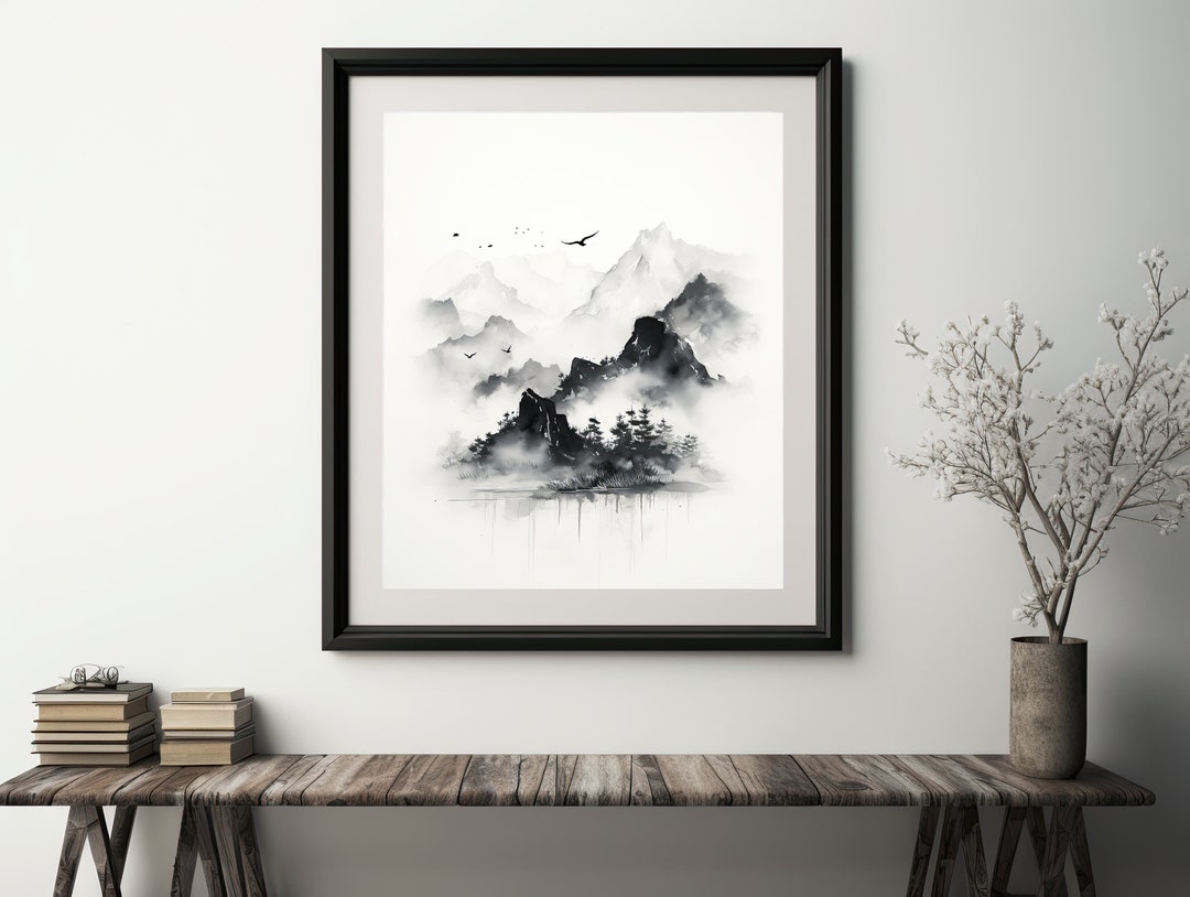 Watercolor Japanese Mountain Wall Art Print, Sumi E Style, Kyoto Decor ...
