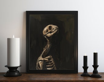 May include: A framed painting of a skeletal bird with a dark background. The bird's head is tilted upwards, and its bones are visible. The painting is in a black frame.