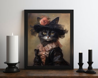Black Cat Victorian Oil Painting, Dark Academia, Black Cat Art, Moody Decor, Cottagecore Wall Art, Vintage Decor, Gothic Art, Witchy Print