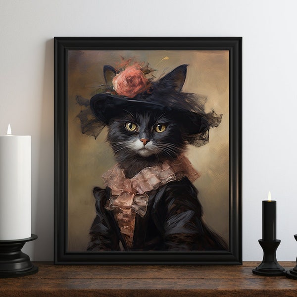 Pintura al óleo victoriana de gato negro, Academia oscura, Arte de gato negro, Decoración cambiante, Arte de pared Cottagecore, Decoración vintage, Arte gótico, Impresión de brujas