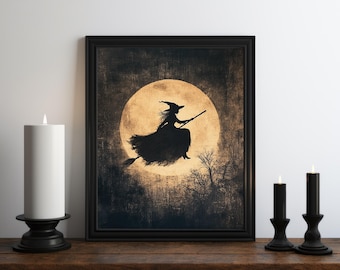 Halloween Witch Oil Painting Wall Art Print, Halloween Wall Art, Halloween Print, Vintage Halloween Art, Witchy Print, Halloween Moon Print