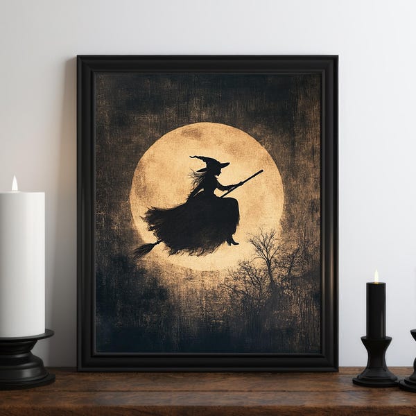 Halloween Witch Oil Painting Wall Art Print, Halloween Wall Art, Halloween Print, Vintage Halloween Art, Witchy Print, Halloween Moon Print