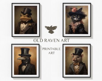 Puede incluir: Cuatro impresiones artísticas enmarcadas con animales antropomórficos en vestimenta formal. Una rana, un gato, un cuervo y una rata visten trajes, sombreros de copa y pajaritas. El texto "OLD RAVEN ART PRINTABLE ART" es visible.