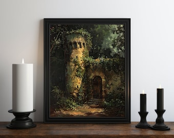Dark Academia Castle Oil Painting Wall Art Print, Moody Wall Art Print, Witch Room Decor, Vintage Botanical Aesthetic, British Wall Art