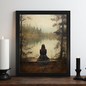 Dark Academia Witch Lake Oil Painting, Dark Wall Art, Moody Decor, Halloween Art, Vintage Decor, Gothic Art, Witchy Print, Victorian Art
