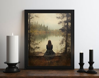 Dark Academia Witch Lake Oil Painting, Dark Wall Art, Moody Decor, Halloween Art, Vintage Decor, Gothic Art, Witchy Print, Victorian Art