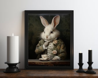 Dark Academia Victorian Rabbit Oil Painting Wall Art Print, Dark Cottagecore Decor, Gothic Wall Art, Vintage Halloween Art, Witchy Print