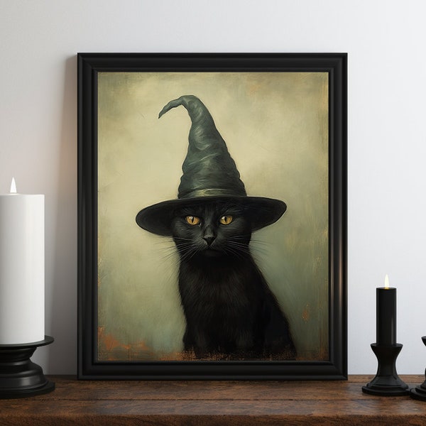 Black Cat Witch Oil Painting, Dark Academia Decor, Dark Wall Art, Moody Decor, Halloween Art, Vintage Decor, Gothic Art, Witchy Print