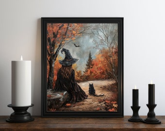 Witch and Cat Oil Painting Wall Art Print, Halloween Wall Art, Halloween Print, Vintage Halloween Art, Witchy Print, Victorian Decor, Spooky