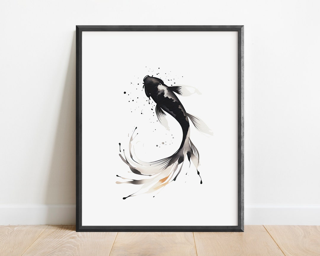 Watercolor Japanese Koi Wall Art Print, Sumi E Art, Japanese Wall Art