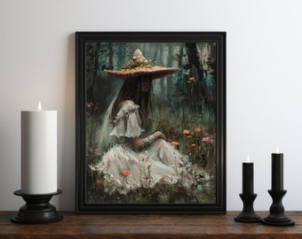 Dark Academia Mushroom Witch Oil Painting, Dark Wall Art, Moody Decor, Halloween Art, Vintage Decor, Gothic Wall Art, Witchy Print, Somber