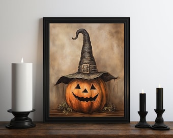 Pumpkin Witch Oil Painting, Dark Academia Decor, Dark Wall Art, Moody Decor, Halloween Art, Vintage Decor, Gothic Art, Witchy Print